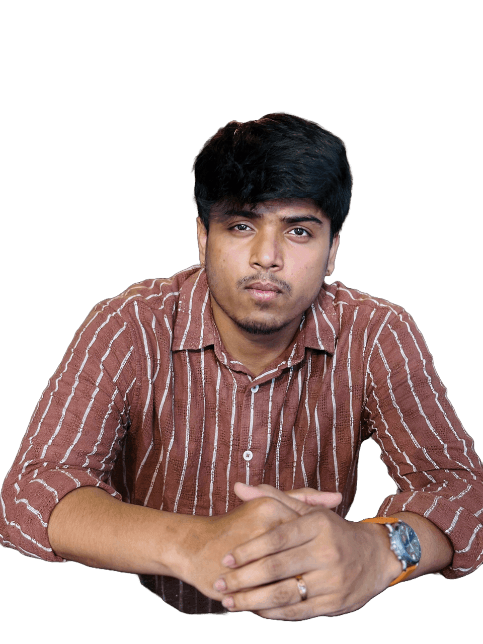 A portrait of a person in a brown shirt, in profile.